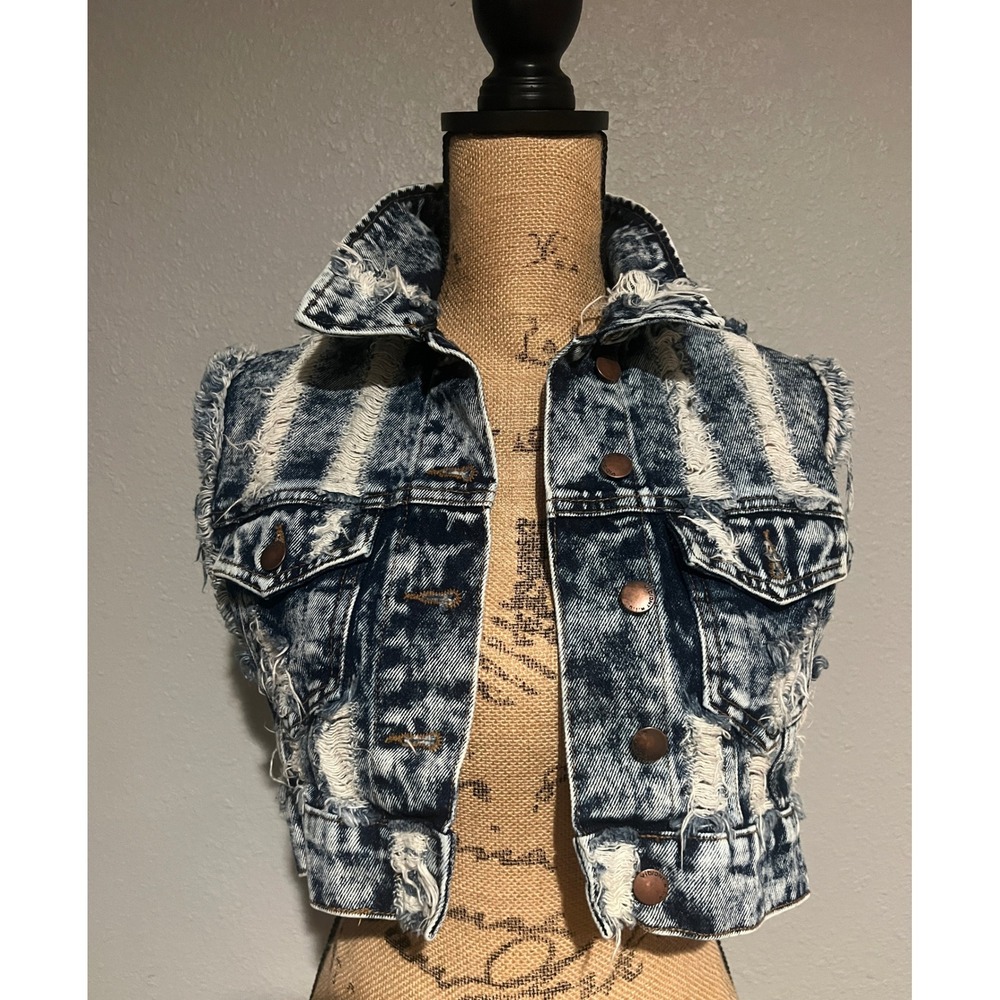 Vibrant M.I.U. Denim Vest Mens Small Blue Excellent Acid Wash Distressed Cropped